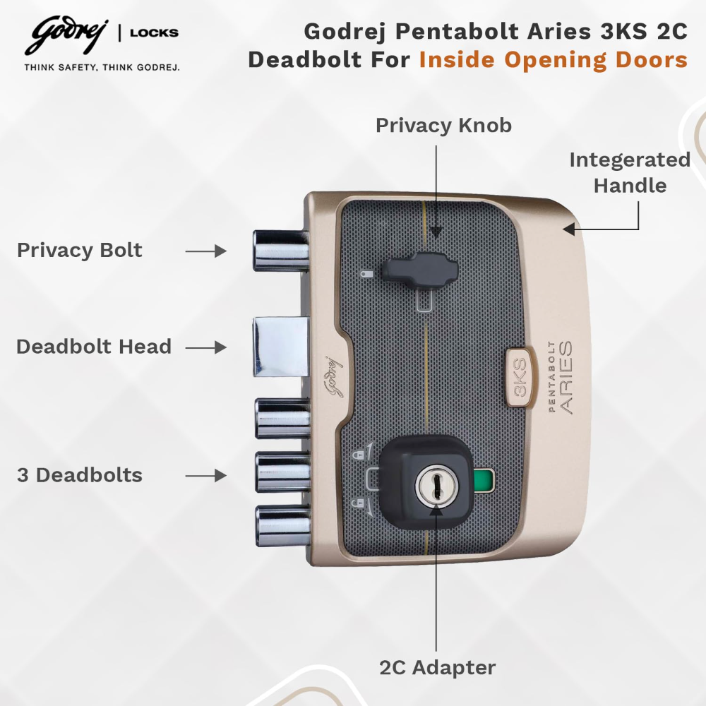 Godrej Rim Lock I Pentabolt Aries 3KS I 5 Bolts I 2C Deadbolt I For Inside Opening Door | LeftorRight Handed Doors I 4 Keys I 15-Year Warranty I Manual Locking I Vegas Gold Finish